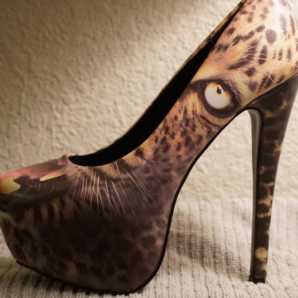 Iron Fist Black Leopard Face Print Heels - Picture 3 of 6